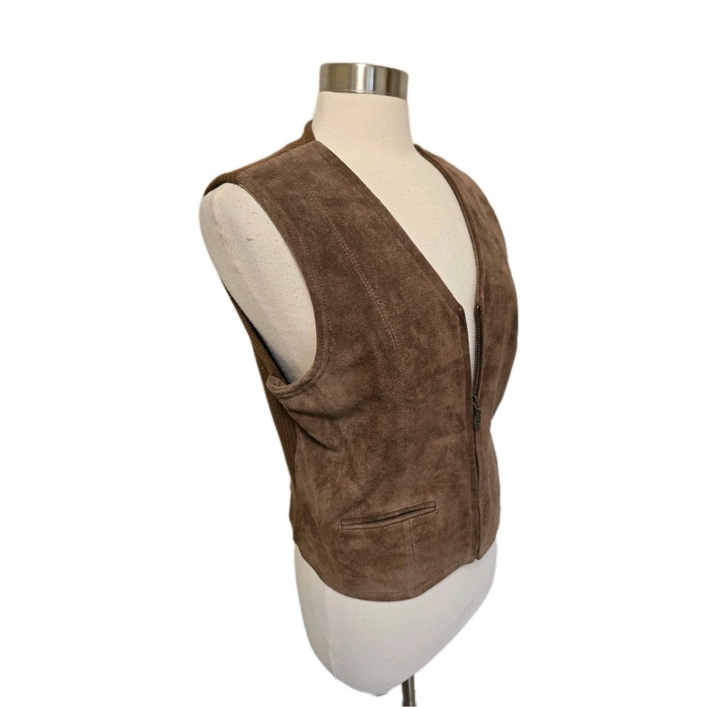 Womens 90s Vintage Suede Leater Cardigan Vest Size Large Brown Zip up